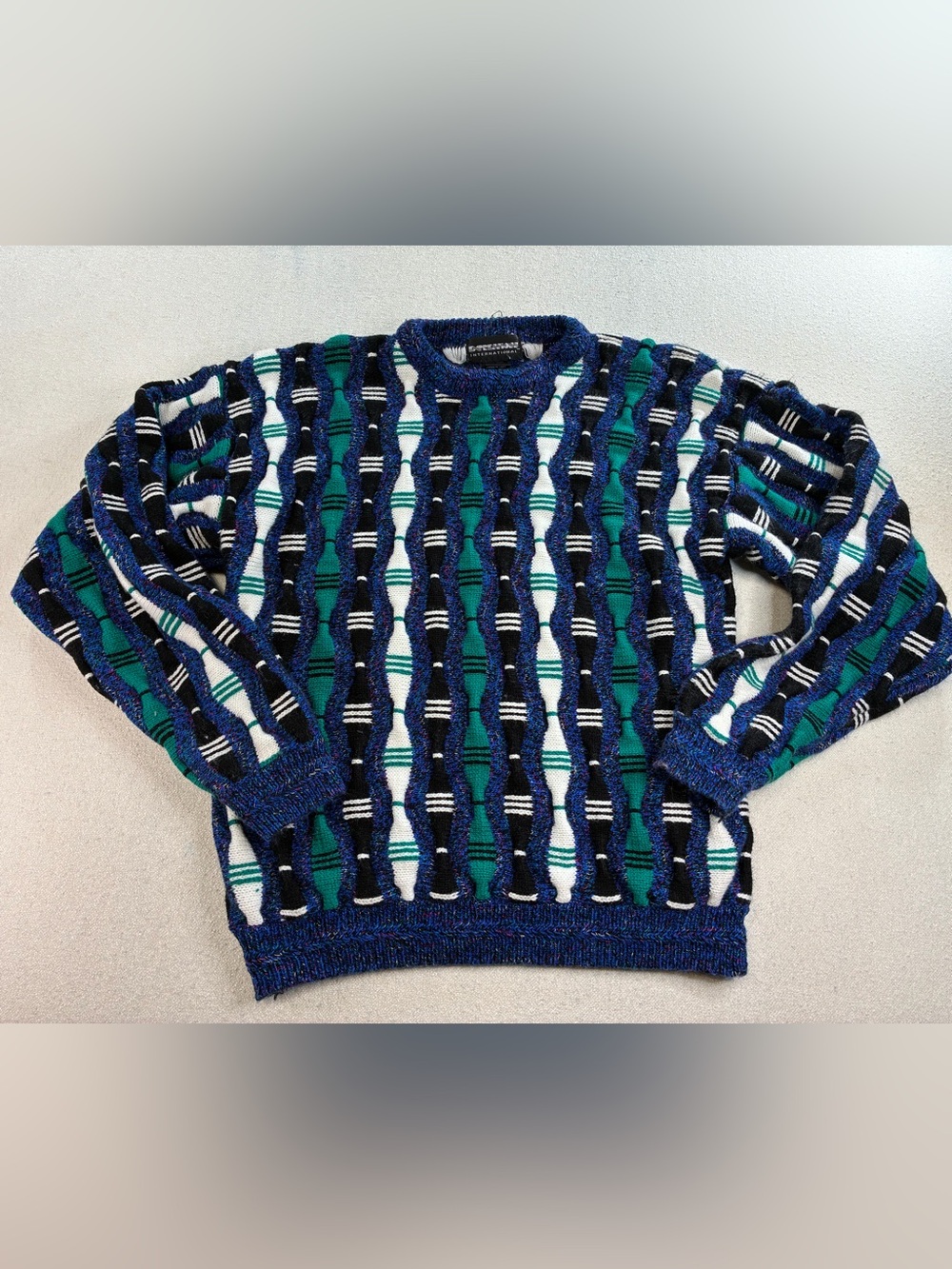 Vintage 90s Prestige International Sweater Mens M 3D Knit Coogi Style Blue